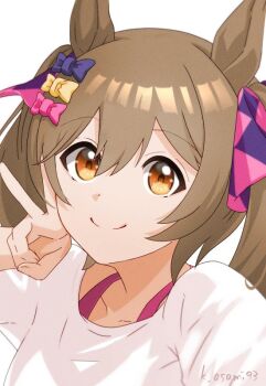 1girl asamishi brown_hair looking_at_viewer shirt smart_falcon_(umamusume) umamusume v watermark white_background white_shirt