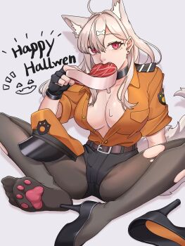 1girl ahoge animal_ears animal_hands arm_support belt black_choker black_gloves black_pantyhose black_shoes black_shorts bone_hair_ornament breasts brown_belt choker earrings fang fingerless_gloves food food_in_mouth full_body fuuka_(fafa_hana9) gloves grey_hair hair_ornament happy_halloween hat high_heels highres holding holding_food jewelry kemonomimi_mode large_breasts long_hair looking_at_viewer meat mole mole_under_eye nijisanji no_bra on_ground orange_hat orange_shirt pantyhose partially_unbuttoned paw_gloves paw_print_soles peaked_cap red_eyes shirt shirt_tucked_in shoes short_shorts shorts single_shoe sitting solo spread_legs steak stud_earrings sukoya_kana tail torn_clothes torn_pantyhose typo unworn_headwear unworn_shoes virtual_youtuber white_background wolf_ears wolf_tail