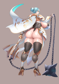 Rule 34 | 1girl, aqua hair, armor, armored boots, ass, backboob, backless outfit, ball and chain (weapon), black thighhighs, boots, breasts, capelet, chain, commentary, commentary request, full body, glasses, gorget, greaves, hair bun, high heels, highres, huge breasts, katisha (kyonyuu fantasy burst), kyonyuu fantasy, kyonyuu fantasy burst, looking at viewer, looking back, pelvic curtain, remu (kirieroido), shiny skin, shoulder armor, simple background, spikes, standing, thighhighs, thong, weapon, white capelet