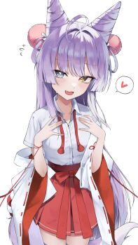 1girl absurdres ahoge blue_eyes bow bow_skirt bowtie bright_pupils collared_shirt commentary cone_hair_bun cowboy_shot double_bun furisode_sleeves gamgyul hair_bun hair_intakes hair_ornament hair_rings hakama hakama_skirt hands_up heart hetero highres japanese_clothes kosode long_hair looking_at_viewer miniskirt off_shoulder open_mouth pink_pupils pleated_skirt pom_pom_(clothes) pom_pom_hair_ornament purple_hair red_bow red_bowtie red_skirt shirt shirt_tucked_in simple_background skirt smile solo speech_bubble spoken_heart standing stellive symbol-only_commentary tenko_shibuki undone_bowtie virtual_youtuber white_background white_shirt wing_collar wispy_bangs yellow_eyes yellow_pupils