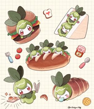 ^_^ animal_focus bread burger closed_eyes colored_skin commentary_request croissant food fork gen_5_pokemon green_skin grid_background jam leaf lettuce mochopaccho multiple_views nintendo no_humans petilil plate pokemon pokemon_(creature) red_eyes sandwich simple_background sleeping spoon tomato twitter_username v-shaped_eyebrows white_background white_skin