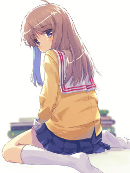 Rule 34 | 1girl, ahoge, akayama yukihe, backlighting, blue eyes, blue skirt, blurry, blurry background, book, bus, clannad, commentary, eyes visible through hair, feet out of frame, from behind, hair between eyes, highres, jacket, kneehighs, long hair, long sleeves, looking at viewer, looking back, miniskirt, miyazawa yukine, motor vehicle, no shoes, pleated skirt, sailor collar, sidelocks, simple background, sitting, skirt, socks, soles, solo, straight hair, wariza, white background, white sailor collar, white socks, yellow jacket