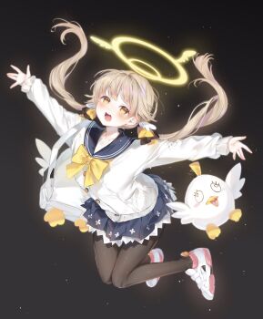 1girl :d \o/ \||/ aimi_(mimi_nii2) arms_up bag black_background black_pantyhose blonde_hair blue_archive blue_sailor_collar blue_skirt blush bow bowtie buttons commentary floating_hair from_above full_body hair_behind_ear hair_bow hair_ornament halo hifumi_(blue_archive) highres jumping knees_together_feet_apart light_particles long_hair long_sleeves looking_at_viewer low_twintails miniskirt open_mouth outstretched_arms pantyhose petticoat pleated_skirt puffy_long_sleeves puffy_sleeves sailor_collar school_bag school_uniform shirt shoes shoulder_bag simple_background skirt smile sneakers solo teeth tongue twintails white_bag white_shirt white_shoes wing_hair_ornament winged_halo yellow_bow yellow_bowtie yellow_eyes yellow_halo yellow_wings