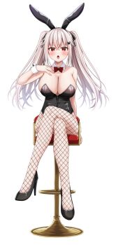 1girl animal_ears bare_shoulders black_leotard black_shoes bow bowtie breasts bunny_day cleavage commentary_request crossed_legs detached_collar etna_(kuzuyu) fake_animal_ears fishnet_pantyhose fishnets hair_bow hair_ornament hand_on_own_chest high_heels highleg highleg_leotard highres komori_kuzuyu large_breasts leotard long_hair looking_at_viewer open_mouth original pantyhose playboy_bunny rabbit_ears red_eyes shoes simple_background sitting solo stool strapless strapless_leotard twintails v-shaped_eyebrows white_background white_hair wrist_cuffs