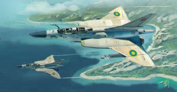 4others absurdres aim-9_sidewinder air-to-air_missile aircraft airplane beach canopy_(aircraft) cloud cockpit commentary contrail day english_commentary fighter_jet flying helmet highres military military_vehicle missile multiple_others ocean original outdoors pilot pilot_helmet pvtskwerl rock roundel sand scenery shore signature tree vehicle_focus water