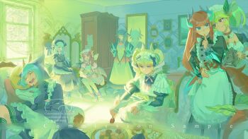 Rule 34 | 6+girls, animal, apron, araiyme, black bow, black dress, black headdress, blonde hair, blue eyes, blue hair, bow, brooch, brown eyes, buttons, chair, chamber dragonmaid, choker, clenched teeth, closed eyes, closed mouth, collar, commentary, commission, cookie, crystal necklace, cupboard, dragon, dragon girl, dragon horns, dragon tail, dragon wings, dragonmaid nudyarl, dress, duel monster, english commentary, fang, finger to mouth, food, frown, green hair, hair bow, hair ornament, hand on own chin, hands on own hips, hat, haze, head down, highres, holding, holding animal, horns, house dragonmaid, hug from side, indoors, jewelry, kitchen dragonmaid, lady's dragonmaid, laundry dragonmaid, leaf hair ornament, leaf tail, leggings, long hair, looking at another, maid, maid apron, maid headdress, multiple girls, neck ribbon, nurse cap, nurse dragonmaid, open mouth, parlor dragonmaid, picture frame, pink dress, pink eyes, pink hair, plate, puffy short sleeves, puffy sleeves, purple dress, purple veil, red choker, red hair, reflection, ribbon, short hair, short sleeves, sidelighting, sitting, smile, standing, swept bangs, table, tail, teeth, veil, watermark, white apron, white collar, white headdress, white leggings, window, wings, yellow eyes, yellow ribbon, yu-gi-oh!