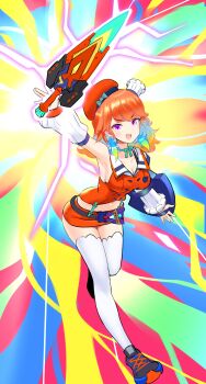 1girl absurdres aqua_choker arm_up armpits asahi_illustrator beret blue_shoes breasts choker cleavage commentary english_commentary gradient_hair hat highres holding holding_shield holding_sword holding_weapon hololive hololive_english large_breasts looking_at_viewer medium_hair multicolored_hair open_mouth orange_hair orange_hat orange_shirt orange_skirt purple_eyes ribbon_choker shield shirt shoes skirt smile solo sword takanashi_kiara takanashi_kiara_(1st_costume) thighhighs virtual_youtuber weapon white_thighhighs