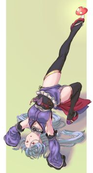 .live 1girl armpits black_panties black_thighhighs blue_hair bow breasts choker commentary detached_sleeves female_focus flipped_hair fly_agaric frilled_choker frills full_body highres japanese_clothes kimono large_breasts leg_up long_hair long_sleeves mstm mushroom open_mouth panties parted_lips pelvic_curtain purple_bow purple_kimono red_eyes side-tie_panties sideboob simple_background sketch solo thighhighs thighs underwear upside-down very_long_hair virtual_youtuber wide_sleeves yamato_iori yellow_background