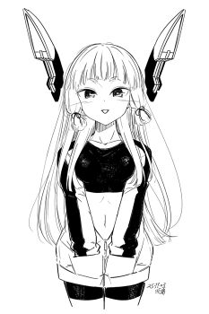 1girl bike_shorts blunt_bangs blunt_tresses cowboy_shot floating_headgear hair_ribbon hands_in_pockets headgear high_contrast highres hikashima_(shiofune) jacket kantai_collection long_hair monochrome murakumo_(kancolle) navel ribbon smile solo tress_ribbon undershirt