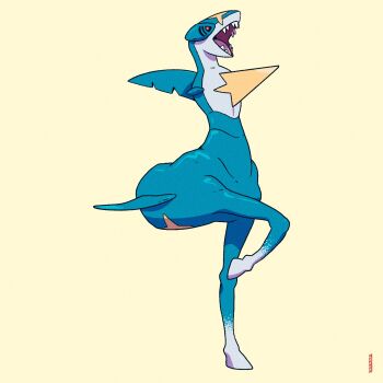 alternate_form expressionless full_body gen_3_pokemon highres meme nintendo no_humans open_mouth original_form_pokemon_(meme) parody pedro_larez pokemon pokemon_(creature) sharp_teeth sharpedo simple_background solo standing teeth what