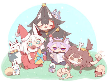 <o>_<o> 4girls :3 absurdly_long_hair absurdres ahoge alternate_costume animal_ear_fluff animal_ear_piercing animal_ears aqua_bow aqua_eyes bag black_hair bow braid brown_eyes brown_hair cartoon_bone cat_ears cat_girl closed_eyes cocomayo29_(tomato) commentary_request dog_ears dog_girl dog_tail dress earrings fake_facial_hair fake_horns fake_mustache fang fox_ears fox_girl fox_tail fur-trimmed_dress fur-trimmed_gloves fur-trimmed_headwear fur_trim gloves hair_between_eyes hat highres holding hololive horns human_christmas_tree inugami_korone jewelry korean_commentary listener_(inugami_korone) long_hair miofa_(ookami_mio) miteiru_(shirakami_fubuki) multicolored_hair multiple_girls nekomata_okayu okanyan_(nekomata_okayu) onigirya_(nekomata_okayu) ookami_mio open_mouth pentagram purple_eyes purple_hair red_gloves red_hair santa_costume santa_hat shirakami_fubuki simple_background single_earring sleeveless star-shaped_pupils star_(symbol) sukonbu_(shirakami_fubuki) symbol-shaped_pupils tail twin_braids very_long_hair virtual_youtuber white_hair wolf_ears wolf_girl