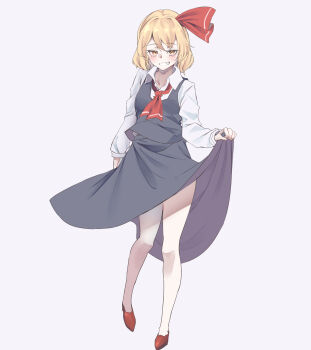 Rule 34 | 1girl, ascot, black skirt, black vest, blonde hair, bow, clothes lift, full body, hair bow, hashtag-only commentary, highres, kanaria (bcomn), looking at viewer, red ascot, red bow, red shoes, rumia, shirt, shoes, simple background, skirt, skirt lift, smile, solo, touhou, vest, white background, white shirt