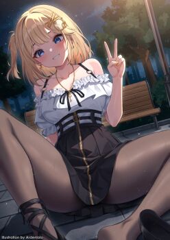 Rule 34 | 1girl, :d, ardenlolo, bench, black pantyhose, black shoes, black skirt, blonde hair, blue eyes, breasts, commentary, commentary request, earrings, english commentary, fallen down, frilled shirt, frills, grin, hair ornament, hairclip, hand up, heart, heart earrings, high-waist skirt, highres, hololive, hololive english, jewelry, knee up, large breasts, looking at viewer, medium hair, mixed-language commentary, necklace, night, off-shoulder shirt, off shoulder, official alternate costume, official alternate hairstyle, on ground, one side up, open mouth, outdoors, paid reward available, pantyhose, park, park bench, shirt, shirt tucked in, shoes, single shoe, sitting, skirt, smile, strappy heels, suspender skirt, suspenders, v, virtual youtuber, watson amelia, watson amelia (street casual), white shirt, zipper skirt