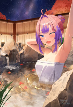 1girl ;d absurdres ahoge arm_behind_head arm_up armpits blue_eyes breasts center-flap_bangs cleavage commentary_request double-parted_bangs fang gradient_hair hair_bun hair_intakes highres hololive hololive_dev_is kikirara_vivi looking_at_viewer medium_breasts multicolored_hair naked_towel night one_eye_closed onsen open_mouth outstretched_arm partially_submerged pink_hair purple_hair single_hair_bun skin_fang sky smile solo star_(sky) starry_sky streaked_hair sugarillust towel virtual_youtuber