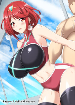 1boy 1girl adapted_costume artist_name breasts cheating_(relationship) chest_jewel clothed_female_nude_male commentary core_crystal_(xenoblade) crop_top doggystyle english_commentary faceless faceless_male fat fat_man gem headpiece hellandheaven hetero highres large_breasts large_variant_set navel netorare nude patreon_username pyra_(xenoblade) red_eyes red_hair sex sex_from_behind short_hair solo_focus sportswear standing standing_sex sweat swept_bangs tiara variant_set xenoblade_chronicles_(series) xenoblade_chronicles_2