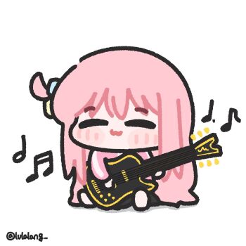 1girl :3 black_skirt bocchi_the_rock! chibi chibi_only closed_eyes closed_mouth commentary facing_viewer full_body gotoh_hitori guitar highres instrument jacket long_hair lulalang music musical_note one_side_up pink_hair pink_jacket playing_guitar playing_instrument simple_background sitting skirt smile solo symbol-only_commentary twitter_username white_background