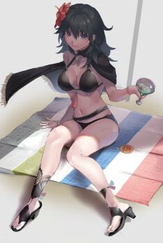 Rule 34 | 1girl, beach, beach towel, beach umbrella, bikini, black bikini, black cape, blue eyes, blue hair, breasts, cape, closed mouth, cocktail glass, commentary request, cup, drinking glass, female byleth (fire emblem), female byleth (summer) (fire emblem), fire emblem, fire emblem: three houses, fire emblem heroes, flower, from above, green hair, hair flower, hair ornament, hibiscus, high heel sandals, high heels, highres, holding, holding cup, jewelry, large breasts, legs, long hair, looking at viewer, miton (vvse5752), navel, necklace, nintendo, official alternate costume, pumps, red flower, sandals, shade, sitting, smile, solo, swimsuit, towel, umbrella, wet