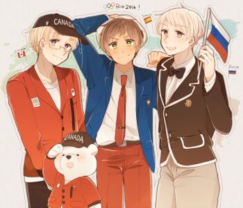 2016 2016_summer_olympics 3boys animal animal_ears animal_nose arm_up axis_powers_hetalia bear bear_ears belt beret black_bow black_bowtie black_hat black_pants blue_jacket bow bowtie breast_pocket brown-framed_eyewear brown_belt brown_hair brown_jacket buttons canada_(hetalia) canadian_flag canadian_flag_print clenched_hand closed_mouth collarbone collared_shirt commentary_request cowboy_shot flag flag_print glasses green_eyes hand_on_another&#039;s_shoulder hand_on_headwear hand_up hat hat_writing holding holding_flag jacket lapels leaf_print long_sleeves looking_at_viewer male_focus map maple_leaf_print multiple_boys necktie ninonuko olympics open_clothes open_jacket open_mouth pants pocket polar_bear purple_eyes red_necktie red_pants russia_(hetalia) russian_flag semi-rimless_eyewear shirt short_hair smile spain_(hetalia) spanish_flag spanish_flag_print standing t-shirt tan tie_clip v-shaped_eyebrows visor_cap white_background white_hair white_hat white_pants white_shirt world_map