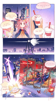 1girl ^_^ afterimage animal artist_request back_ribbon black_robe blue_butterfly blunt_bangs bow bow-shaped_hair bowtie brown_eyes bubble_tea bug building butterfly cat chinese_hairpin cityscape cloak closed_eyes closed_mouth clothed_animal commentary copyright_name crying crying_with_eyes_open cup disposable_cup drink drinking_straw ear_covers english_commentary english_text eyelashes flower folding_screen frilled_sleeves frills hair_flower hair_ornament hair_rings hairpin hand_on_own_chin happy highres holding holding_drink hood hood_up hooded_cloak insect into_screen_ashes_burn_(shining_nikki) kicking laser light_blush light_particles long_hair long_sidelocks long_sleeves momo_(nikki) motion_lines multiple_hairpins newtype_flash night night_sky nikki_(nikki) nikki_(series) notice_lines official_art orange_butterfly orange_hanfu outdoors parted_bangs pink_hair red_bow red_bowtie red_butterfly red_flower red_ribbon red_rose ribbon robe rose second-party_source shining_nikki sidelocks sky skyline skyscraper sleeves_past_fingers sleeves_past_wrists smile speech_bubble star_(sky) starry_sky streaming_tears tears traditional_bowtie urban_legend very_long_hair waving_arm white_cat wide_sleeves yellow_cloak yellow_flower yellow_rose