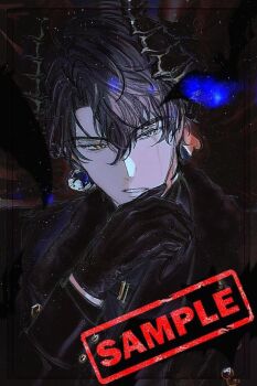 1boy black_coat black_eyes black_gloves black_shirt black_vest coat commentary demon_horns double-parted_bangs earrings film_grain finger_to_mouth gloves hair_between_eyes hand_up heterochromia horns jewelry light_particles male_focus omniscient_reader&#039;s_viewpoint scar scar_across_eye scar_on_face shirt solo symbol-only_commentary toupou39 upper_body vest yellow_eyes yoo_joonghyuk