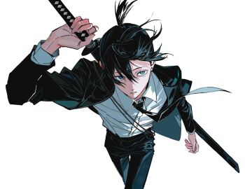 1boy aqua_eyes arm_up black_hair black_jacket black_necktie black_pants chainsaw_man collared_shirt earrings fingernails floating_hair hayakawa_aki highres holding holding_sword holding_weapon hrak_mumi jacket jewelry katana lapels layered_sleeves long_sleeves looking_to_the_side male_focus necktie notched_lapels open_clothes open_jacket pants parted_lips piercing shirt shirt_tucked_in short_hair solo stud_earrings sword sword_on_back teeth topknot weapon weapon_on_back wing_collar