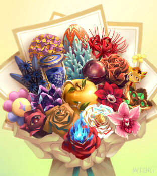 absurdres apple blue_fire blue_flower bouquet brown_flower brown_rose candy cecilia_immergreen ceres_fauna commentary crystal dice donut egg elizabeth_rose_bloodflame english_commentary english_text fire flower food fruit fuwawa_abyssgard gawr_gura gigi_murin golden_apple hakos_baelz highres hololive hololive_english hourglass irys_(hololive) koseki_bijou lollipop mcking mococo_abyssgard mori_calliope nanashi_mumei nerissa_ravencroft ninomae_ina'nis no_humans ouro_kronii pink_flower pon_de_ring purple_flower raora_panthera red_flower red_rose rose shiori_novella spider_lily takanashi_kiara tsukumo_sana virtual_youtuber watson_amelia winding_key yellow_background yellow_flower