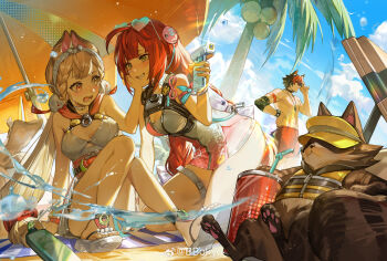 1boy 2girls abs absurdres adjusting_eyewear alice_thymefield alice_thymefield_(sea_of_thyme) animal_ears beach_umbrella black_choker black_hair blonde_hair blush bokyo breasts can choker cleavage coconut_tree commentary day drinking_straw ear-to-ear elbow_pads english_commentary eyewear_on_head gradient-tinted_eyewear green_eyes grin hair_ornament hand_on_another&#039;s_cheek hand_on_another&#039;s_face hand_on_own_hip heart heart-shaped_eyewear heterochromia highres holding holding_water_gun jewelry kneeling komano_manato looking_at_another multicolored_hair multiple_girls muscular muscular_male necklace outdoors palm_tree rabbit_ears rabbit_girl red_eyes red_hair red_shorts sandals shorts sitting smile sphere_hair_ornament spiked_wristband standing sunglasses tanuki thigh_strap tinted_eyewear tree two-tone_hair ukinami_yuzuha ukinami_yuzuha_(tanuki_in_broad_daylight) umbrella water_gun watermark weibo_watermark white_choker wolf_ears yellow_eyes zenless_zone_zero