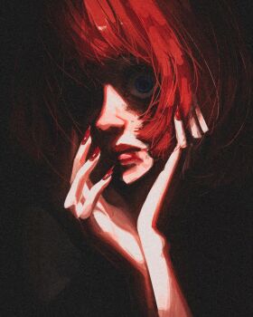 1girl absurdres black_background blue_eyes closed_mouth commentary crazy english_commentary film_grain fingernails hands_on_own_face highres lips looking_at_viewer nail_polish nose original portrait red_hair red_nails shaded_face short_hair simple_background solo staring titanartx wide-eyed