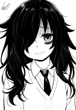 1girl absurdres bags_under_eyes commentary english_commentary greyscale highres kuroki_tomoko long_hair lughost monochrome necktie school_uniform signature smile solo sweater upper_body watashi_ga_motenai_no_wa_dou_kangaetemo_omaera_ga_warui! wavy_hair