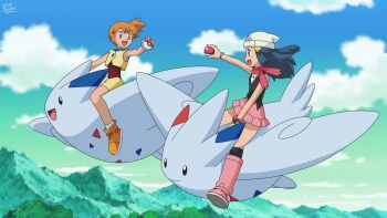 2girls absurdres anime_coloring artist_name beanie black_shirt black_socks blue_hair blue_sky boots bracelet closed_mouth cloud commentary_request cropped_jacket dawn_(pokemon) day flying gen_4_pokemon hair_ornament hairclip hat highres holding holding_poke_ball in-franchise_crossover jacket jewelry kneehighs long_hair looking_at_another lukas_thadeu misty_(pokemon) multiple_girls nintendo official_style orange_hair orange_shoes outdoors outstretched_arm parody pink_boots pink_scarf pink_skirt poke_ball poke_ball_(basic) pokemon pokemon_(anime) pokemon_(creature) pokemon_dppt_(anime) pokemon_rse_(anime) poketch red_shirt riding riding_pokemon scarf shirt shoes shorts side_ponytail skirt sky sleeveless sleeveless_jacket sleeveless_shirt socks style_parody third-party_source togekiss watch white_hat white_socks wristwatch yellow_jacket yellow_shorts