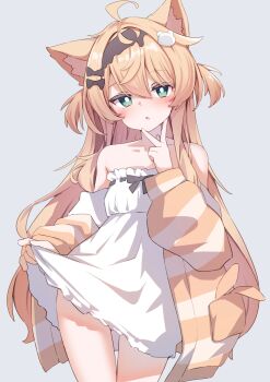 Rule 34 | 1girl, :o, animal ears, blonde hair, bow, cardigan, cat ears, cat girl, clothes lift, commentary request, dress, dress lift, expressionless, green eyes, grey background, hair bow, hairband, highres, lifting own clothes, long hair, long sleeves, looking at viewer, multiple hair bows, off shoulder, open cardigan, open clothes, oversized clothes, parted lips, simple background, six box, strapless, strapless dress, two side up, v, very long hair, vrchat, white dress