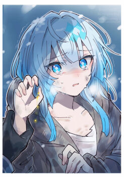 1girl absurdres alternate_costume bleeding blood blood_on_hands blue_eyes blue_hair cerydra_(honkai:_star_rail) collarbone commentary_request crying crying_with_eyes_open dirty grey_jacket hair_intakes hand_up highres honkai:_star_rail honkai_(series) hood hood_down hooded_jacket jacket long_hair long_sleeves looking_at_viewer shirt snowing solo sorimachi-doufu tears trembling upper_body watermark white_shirt yellow_blood