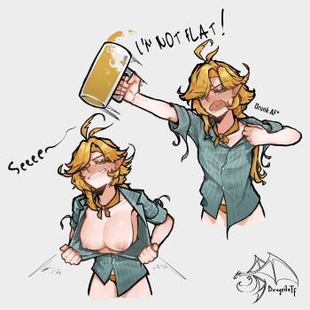 absurdres alcohol alternate_breast_size_(larger) aqua_shirt beer blonde_hair breasts breasts_out cup dokibird dragz1le drunk english_text fang feather_hair highres indie_virtual_youtuber medium_breasts neckerchief nipples open_clothes open_mouth open_shirt orange_neckerchief panties pointy_ears shirt short_hair skin_fang smug underwear undressing virtual_youtuber white_background yellow_panties