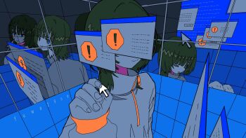 1girl artist_name black_hair blue_eyes blue_screen_of_death censored censored_identity closed_eyes closed_mouth commentary cursor different_reflection disembodied_head error_message floating_head fuwa29ne grey_shirt hand_up high_collar highres holding indoors interface_censor limited_palette mirror original pout reflection shirt short_hair sitting smile solo standing tile_wall tiles window_(computing) zipper zipper_pull_tab