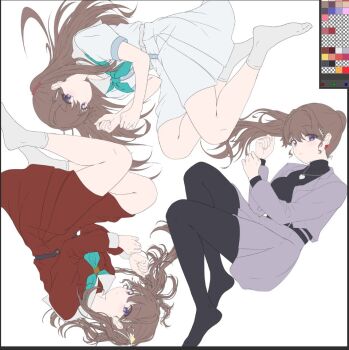 Rule 34 | 1girl, aqua neckerchief, art program in frame, black pantyhose, black sweater, breasts, brown dress, brown hair, chain, chain necklace, closed mouth, dress, earrings, floating hair, foot out of frame, fujishima megumi, fujishima megumi (post-graduation), grey jacket, grey skirt, hair ornament, hair ribbon, hasu no sora school uniform, heart, heart earrings, heart necklace, jacket, jewelry, large breasts, link! like! love live!, long hair, long sleeves, looking at viewer, love live!, medium dress, miniskirt, multiple views, neckerchief, necklace, no shoes, on your mark (love live!), open clothes, open jacket, pantyhose, parted lips, pleated dress, pleated skirt, ponytail, puffy short sleeves, puffy sleeves, purple eyes, rakinegimagi, ribbon, rotational symmetry, sailor collar, sailor dress, school uniform, short sleeves, sidelocks, simple background, skirt, smile, socks, suit jacket, summer uniform, sweater, triangle hair ornament, turtleneck, turtleneck sweater, twintails, two side up, unfinished, virtual youtuber, white background, white dress, white ribbon, white sailor collar, white socks, winter uniform