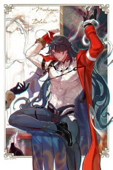 Rule 34 | 1boy, absurdres, arms up, bangle, beads, belt, blade (honkai: star rail), border, bracelet, coattails, collar, commentary, covered abs, double-parted bangs, earrings, gloves, hair over one eye, highres, honkai: star rail, honkai (series), jacket, jewelry, long hair, male focus, mortenax blade (honkai: star rail), necklace, open clothes, pants, red jacket, sara1lama, shoes, single glove, sitting, smile, tailcoat, tassel, toned, toned male, untranslatable commentary, very long hair