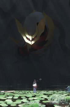 1girl abandoned absurdres asteroid_ill backpack bag black_pants black_sclera colored_sclera day dragon floating floating_hair fog full_body gen_4_pokemon gen_8_pokemon giratina giratina_(origin) glowing glowing_eyes hat highres jacket legendary_pokemon lily_pad long_hair long_sleeves looking_at_another mask moss mouth_mask nintendo orange_jacket orbeetle original overgrown pants plant pokemon pokemon_(creature) red_eyes ruins rust scenery shadow shoes size_difference standing water watermark