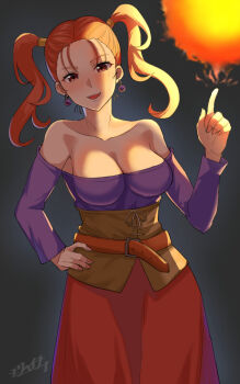 1girl :d blush breasts brown_corset cleavage commentary_request corset detached_sleeves dragon_quest dragon_quest_viii fire hand_on_own_hip head_tilt jessica_albert large_breasts magic medium_hair mori_heichi off-shoulder_shirt off_shoulder open_mouth purple_shirt red_eyes red_hair red_skirt shirt skirt smile solo twintails