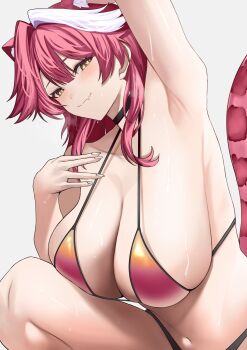 1girl animal_ears arm_up armpits bikini black_choker blush breasts choker cleavage closed_mouth collarbone commentary extra_ears fang gradient_bikini grey_background hair_intakes highres hololive hololive_english huge_breasts long_hair looking_at_viewer multicolored_hair navel panther_ears panther_girl panther_tail pink_bikini pink_hair pink_tail raora_panthera si_farid simple_background skin_fang smile solo stomach streaked_hair sweat swimsuit tail thighs two-tone_hair virtual_youtuber white_hair yellow_bikini yellow_eyes