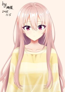 1girl absurdres arms_at_sides artist_name chinese_commentary closed_mouth collarbone commentary_request dated eyelashes eyes_visible_through_hair frown hair_between_eyes harumi_ena highres limelight_lemonade_jam long_hair long_sleeves looking_at_viewer pink_hair red_eyes shirt sidelocks solo straight-on straight_hair striped_clothes striped_shirt upper_body user_hkrm5347 very_long_hair yellow_shirt
