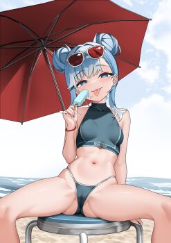 1girl :p absurdres alternate_costume beach beach_umbrella bikini blue_bikini blue_eyes blue_hair braid breasts cameltoe day ear_piercing earrings eyewear_on_head food hand_up highleg highleg_bikini highres holding holding_food holding_popsicle hololive hololive_indonesia jewelry kobo_kanaeru loli looking_at_viewer mesugaki multicolored_hair navel on_stool outdoors partially_visible_vulva piercing popsicle raikkonen red-tinted_eyewear short_hair sitting small_breasts solo spread_legs stomach sunglasses swimsuit tinted_eyewear tongue tongue_out twin_braids two-tone_hair umbrella virtual_youtuber white_hair