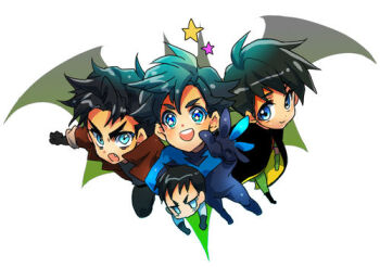 4boys batman_(series) black_hair blue_eyes bodysuit boots brothers cape carrying damian_wayne dc_comics dick_grayson family frown gloves jacket jason_todd lowres male_focus multiple_boys nightwing red_hood_(dc) robin_(dc) siblings star_(symbol) tim_drake