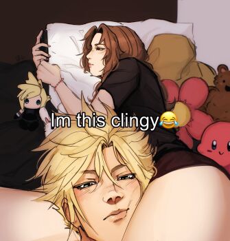 1boy 1girl aerith_gainsborough bead_bracelet beads black_shirt blonde_hair bracelet brown_shorts character_doll cloud_strife couple derivative_work doll emoji english_text final_fantasy hair_between_eyes head_between_thighs hetero highres holding holding_phone i&#039;m_this_clingy_(meme) jewelry light_blush long_hair meme on_bed parted_bangs phone pillow sageixx shirt short_hair short_sleeves shorts sidelocks spiked_hair stuffed_animal stuffed_toy upper_body