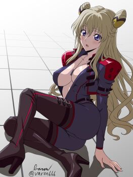 1girl artist_name ass baron_(varon666) belt_boots blue_eyes blush boots breasts cleavage code_geass code_geass:_boukoku_no_akito cone_hair_bun dog_tags full_body hair_bun high_heel_boots high_heels highres large_breasts leila_malcal long_hair mecha_pilot_suit no_bra on_floor open_clothes simple_background solo thigh_boots twitter_username