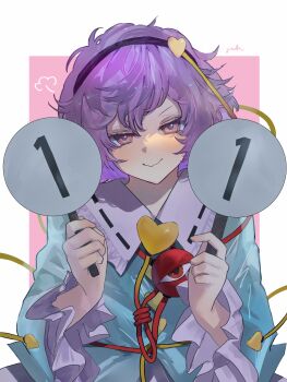 &gt;:) 1girl absurdres black_hairband blush buttons closed_mouth commentary doyagao dual_wielding eneshi eyebrows_hidden_by_hair eyelashes frilled_shirt_collar frilled_sleeves frills hair_between_eyes hair_ornament hairband hands_up heart heart_button heart_hair_ornament highres holding holding_sign komeiji_satori long_sleeves looking_at_viewer medium_hair pink_background pink_eyes puff_of_air purple_hair sign signature simple_background smile smug solo spiked_hair third_eye touhou two-tone_background upper_body v-shaped_eyebrows wavy_mouth white_background wide_sleeves