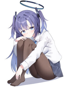 Rule 34 | 1girl, black pantyhose, black skirt, blue archive, blue eyes, blush, closed mouth, collared shirt, feet, full body, hair between eyes, halo, highres, hugging own legs, knees up, long hair, long sleeves, looking at viewer, mechanical halo, miniskirt, pantyhose, pink pupils, pleated skirt, purple hair, school uniform, shirt, sitting, skirt, sob (submar1089), solo, very long hair, white background, yuuka (blue archive)