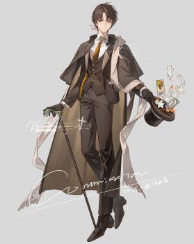 1boy absurdres black_gloves black_hair black_hat black_jacket black_pants black_shoes black_vest buttons cane cape card chain collared_shirt commission curtained_hair fire full_body gloves grey_background hat highres holding holding_cane holding_unworn_clothes holding_unworn_hat jacket jacket_on_shoulders klein_moretti lapels looking_at_viewer lord_of_the_mysteries male_focus necktie notched_lapels pants paper_doll paper_doll_chain sanyue_qiushi scarf shirt shoes simple_background solo tarot the_fool_(tarot) the_world_(tarot) top_hat two-tone_cape unworn_hat unworn_headwear vest watermark white_scarf white_shirt