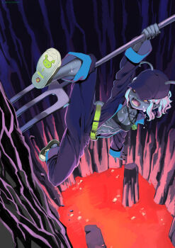 1girl arm_up belt black_nails black_sclera blue_pupils climbing collarbone colored_sclera colored_skin demon_girl fangs fingernails green_belt grey_skin hat hell highres holding holding_pitchfork holding_weapon horns jewelry kyo_mizusawa lava nail_polish navel necklace open_mouth orange_eyes original pitchfork pointy_ears rock short_hair slit_pupils solo sweat teeth tongue weapon white_hair
