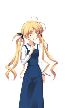 1girl antenna_hair black_bow blonde_hair blue_dress blue_trim bow breasts casual chaos;head closed_eyes dress facing_viewer game_cg hair_bow hand_on_own_chest long_hair matsuo_yukihiro non-web_source official_art open_mouth orihara_kozue pinafore_dress science_adventure shirt sleeveless sleeveless_dress small_breasts solo sprite t-shirt transparent_background twintails very_long_hair