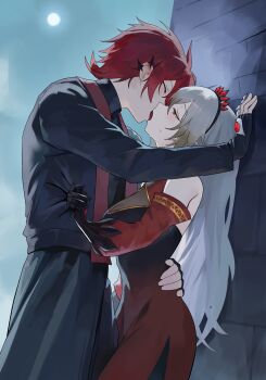 1boy 1girl absurdres aluber_(yu-gi-oh!) aluber_the_jester_of_despia backless_dress backless_outfit black_shirt black_tiara blazing_cartesia_the_virtuous breasts closed_eyes commentary_request dress duel_monster ecclesia_(yu-gi-oh!) french_kiss grey_hair hand_on_another's_back highres kabedon kiss large_breasts long_hair looking_at_another nbee_ya open_mouth red_dress red_eyes red_hair shirt sleeveless sleeveless_dress the_bystial_aluber tiara yu-gi-oh!